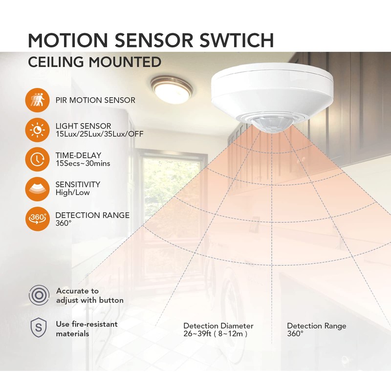 RAYZEEK Ceiling Mount 360 degree PIR Occupancy Motion Sensor,2200W,110-265V,8-12M High