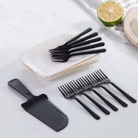 Set for 10 Guest Premium Disposable Plastic Forks & Paper Plate & 1 Dessert Knife (Black)