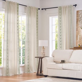 jinchan Weslie Boho Lined Linen Curtains for Bedroom Sage Green Vintage Floral Farmhouse Curtains 84 Inches Long Linen Drapes for Living Room Embroidered Drapes Sage on Beige 2 Panels