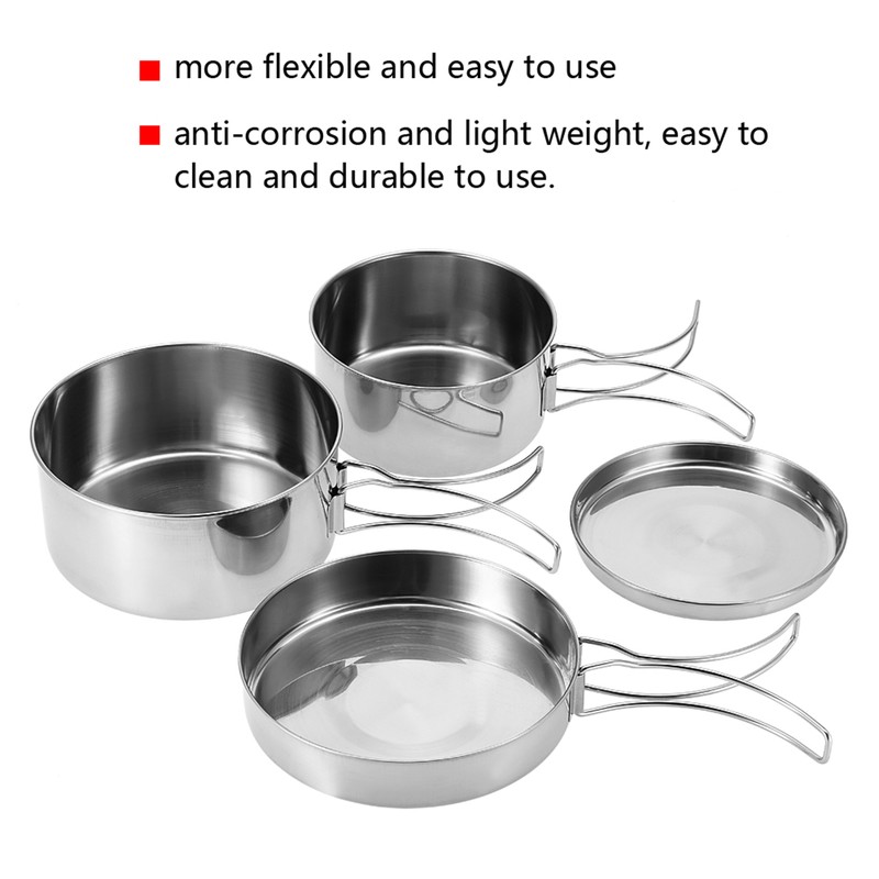 4Pcs Portable Stainless Steel Cookware Set Camping Picnic Outdoor Pan
