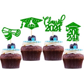 24 decoraciones de graduación 2024 para cupcakes con purpurina, felicitaciones, graduado 2024, para decoración de tartas de graduación 2024, color verde
