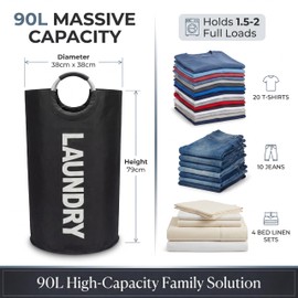 Barpre Large Laundry Basket 90L - Collapsible Washing Basket with Padded Aluminum Handles, Waterproof 600D Oxford Fabric Dirty Clothes Hamper for Bathroom Bedroom & Storage, Round Foldable Bin (Black)