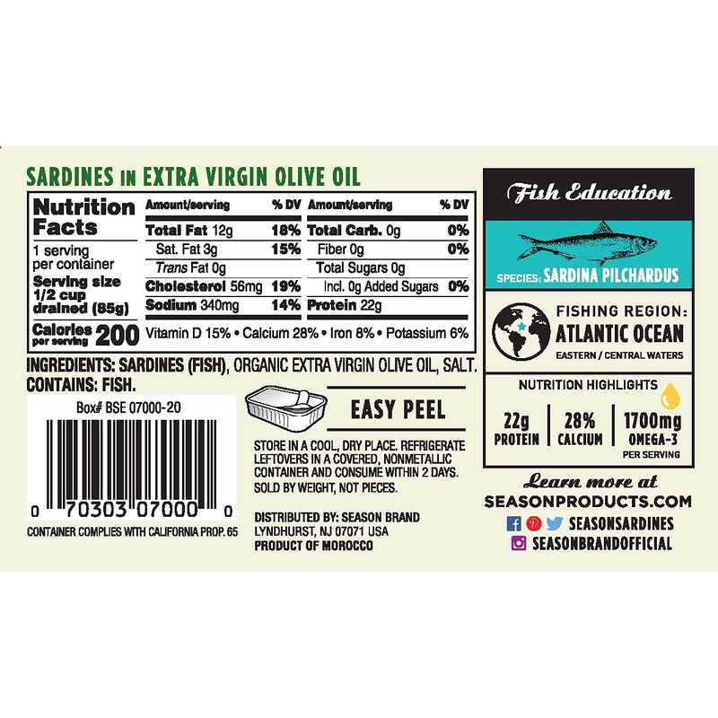 Season Sardines in Extra Virgin Olive Oil - Wild Caught,