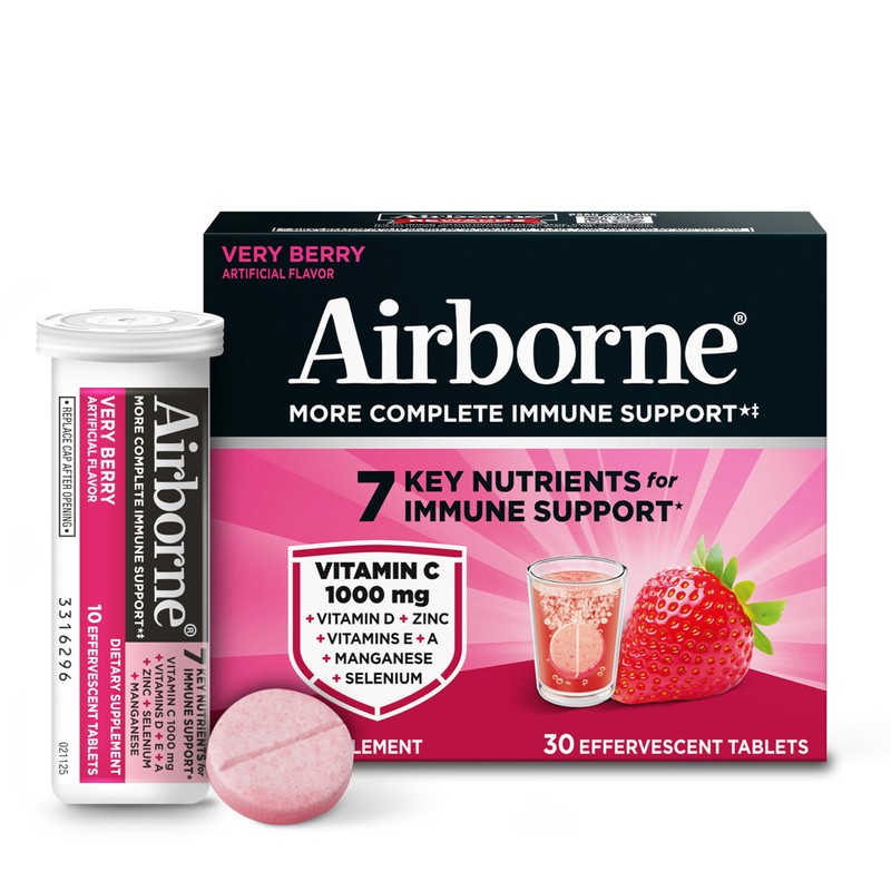 Airborne Immune Support Effervescent Tablets, Very Berry Flavor - 30ct