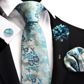 Gusleson Mens Green Tie for Wedding Silk Blue Floral Necktie Pocket Square Cufflinks and Lapel Pin Brooch Set (UK6107-17)