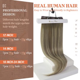 Sunny Hair Clip in Hair Extensions Human Hair Invisible Clip in Hair Extensions Real Human Hair Straight Hair Extensions for Women 12inch Cool Brown Balayage Light Brown Highlight Blonde