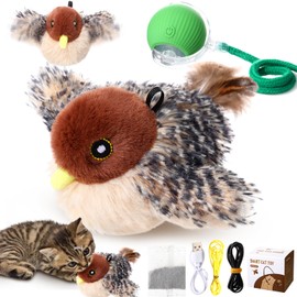 HyDren 2 Pcs Flapping Bird Cat Toy Rolling Ball Rechargeable Simulated Interactive Chirping Bird Cat Toy Flapping Wings for Bored Indoor Adult Cats Kitten Exercise(Green,Sparrow)