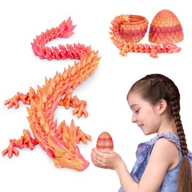 3D Printed Dragon Egg with Dragon Inside, Articulated Crystal Dragon Fidget Toy for Home Office Decor Executive Desk Toys, Easter Basket Stuffers for Adults and Kids (Orange Red, H:3.9 Inch)
