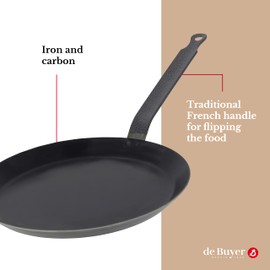 de Buyer - Force Blue - Blue Steel Crepe & Tortilla Pan - Nonstick Carbon Steel Frying Pan with Traditional French Handle - For Use with Low to Medium Heat - 7", 2 mm