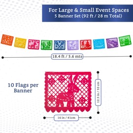 Mexican Party Banners (5 Pack with 10 Plastic Flags per Banner) - Papel Picado Mexicano Para Fiesta - Plastic Papel Picado - Fiesta Themed Party Decorations - Mexican Decor Cinco de Mayo Party Decorations