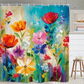 Yookeb Colorful Floral Flower Bathroom Shower Curtain 60W by 71H Inch Oil Painting Abstract Plant Wildflower Art Beautiful Polyester Fabric 12 Plastic Hooks Waterproof Decor