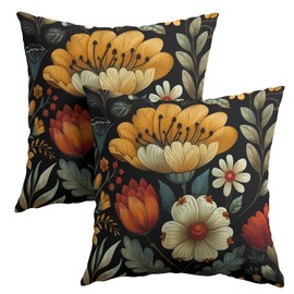 Vintage Boho Floral Pillow Covers 20x20 Inches Yellow Beige Black Throw Pillow Case Set of 2 Spring Flower Pillow Cover Cotton Linen Cushion Cover for Home Couch Sofa Bedroom Livingroom