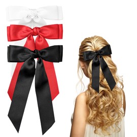 3 Pack Bow Hair Clips for Women Girls, Satin Hair Ribbons Bow Hair Clips with Long Tail Hair Accessories for Women(Black, White, Red)