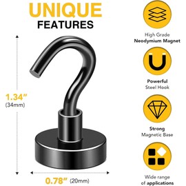 DIYMAG Black Magnetic Hooks, 50 LB Heavy Duty Strong Magnets with Hooks, Rare Earth Neodymium Magnetics Hooks for Cruise Cabins Cruise Ship Essentials 8 Packs