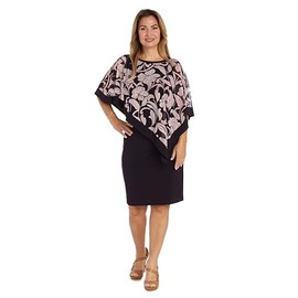 R&M Richards Women's Petite Floral Asymmetrical Poncho Dress, Eggplant/Rose