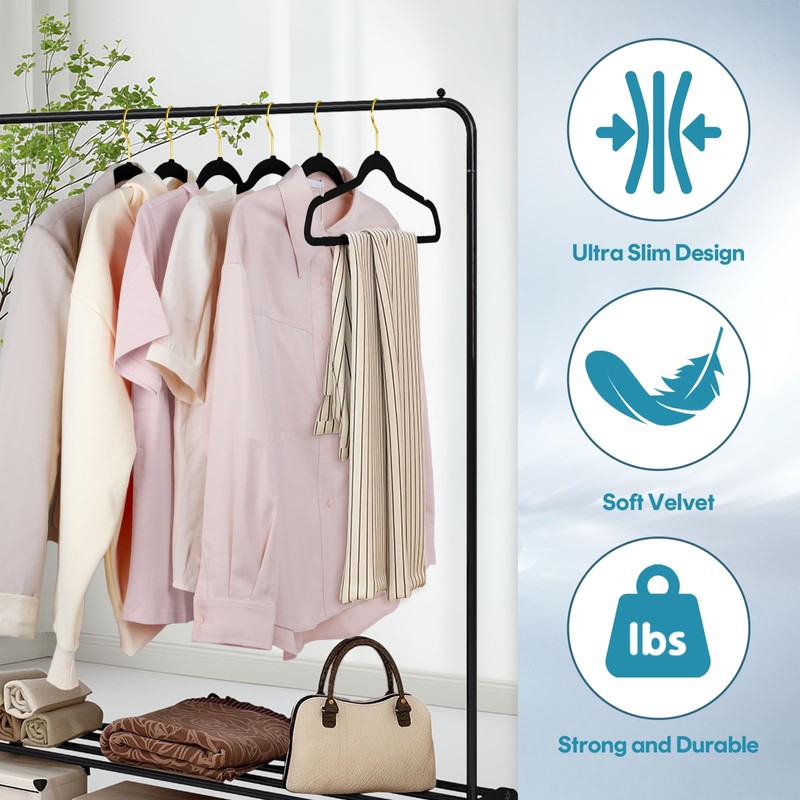 UNEED Black Velvet Hangers with Golden Hooks, 36 Pack -
