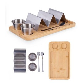 Giftdecor Taco Holder with Bamboo Board, 2 Sauce Boats and 2 Spoons - Elegant Stainless Steel Table and Kitchen Utensils Set - Ideal for Catering, Taquerias and Bars