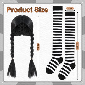 Wavwavw 2 Pieces Halloween Black Costume Set Include Long Straight with 2 Braids Wig and Black White Striped Socks High Socks for Women Halloween Costume Party Accessories