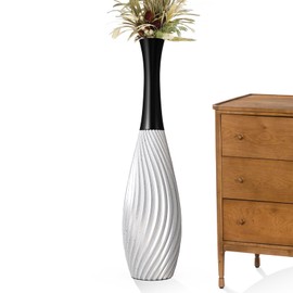 Rocendlor 23.6" Silver Tall Vases - Black Neck Teardrop Tall Floor Vase with Textured Vertical Lines & Speckled Finish, Modern Decorative Floor Vase for Living Room, Office, Wedding Decor - Resin