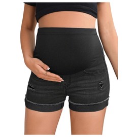 BEAUDRM Women's Maternity Adjustable High Waist Ripped Roll Up Hem Denim Mini Shorts with Pocket Solid Black X-Large