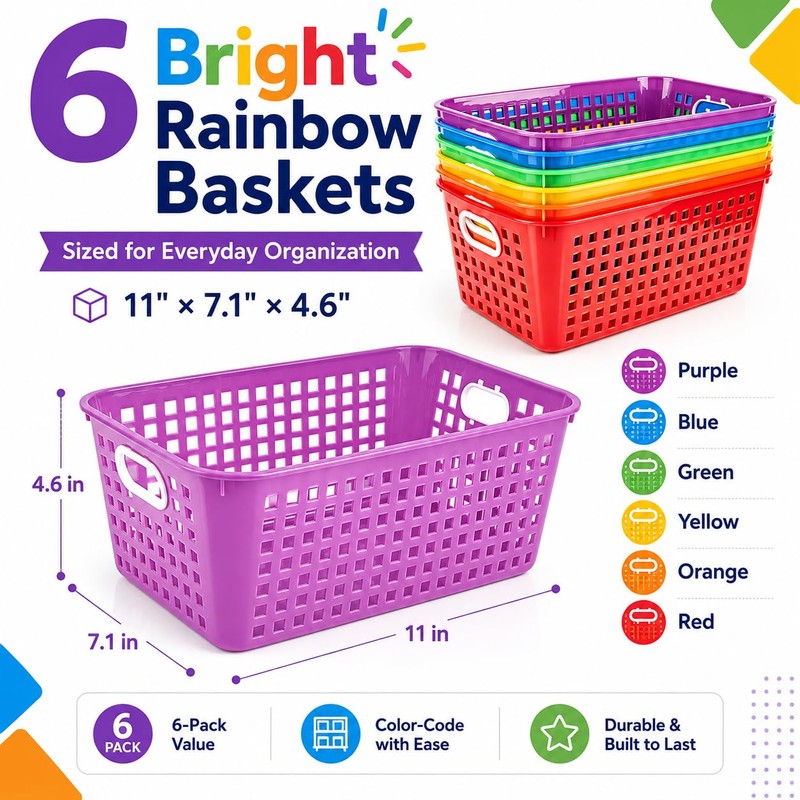 Bafeil 6 Pack Plastic Classroom Storage Baskets, Organizer Bins with