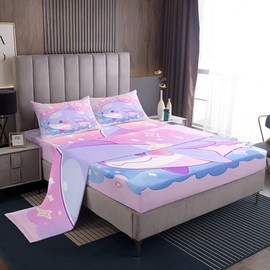 Cute Shark Kids Sheet Full Size,Glitter Stars Rainbow Dreamy Bedding Set,Girls Women Room Decor,Ocean World Cartoon Marine Creature Blue Pink Bed Sheet Set 4pcs(Fitted + Flat + 2 Pillowcases)