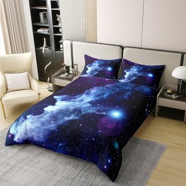 Glittering Galaxy Sky 100% Cotton Duvet Cover,Mystery Galaxy Blue Nebula Breathable Comforter Cover,Dreamy Universe Watercolor Dark Night Comforter Cover 3 Pcs with 2 Pillowcases Queen Size