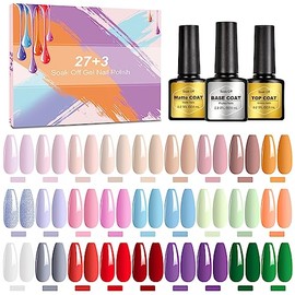 NAILMASHA Smalti Semipermanenti per Unghie in Gel UV LED, 30 Pcs Kit, Popolare Nudo, 27 Colori Vibranti con Base, Top e Mat Coat, 8ml