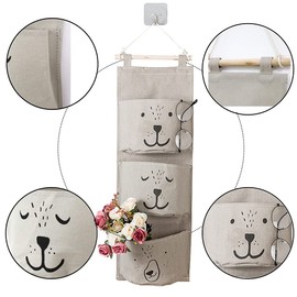 WEIWUXIAN Hanging Organiser, Pack of 2 Waterproof Storage Bags, Debris Bag, Storage Bag, Cotton Linen, with 3 Pockets for Bedroom, Bathroom, Kitchen (Grey and White)