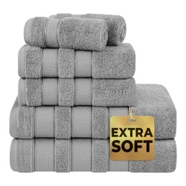 American Soft Linen Salem Turkish Bath Towel Set, 100% Cotton 600 GSM 6 Piece Towels for Bathroom, 2 Bath Towels 2 Hand Towels 2 Washcloths, Light Grey