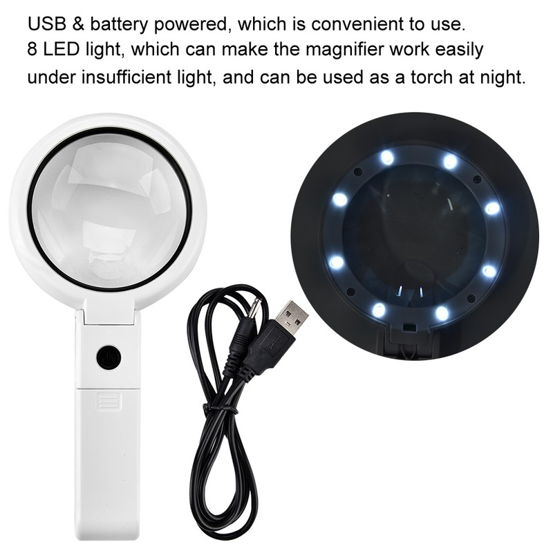 5/11X Magnifying Glass with 8 LED Light Hnadheld Desktop Multifunctional