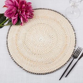 Fennco Styles Handmade Beaded Border Rattan Placemat 15" Round, 1- Piece - Grey Wood Beads Table Mat for Home Décor, Family Gathering, Banquets, Everyday Use and Special Occasion