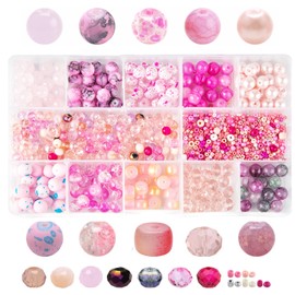 Keip Taoun Pink Glass Beads for Jewelry Making, Bracelet Beads Set for Girls, 1000pcs Including 8mm Assorted Round Beads, 6mm Bicone Crystal Beads, 2-4mmSeed Beads for Earring, Necklace, DIY Craft