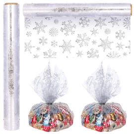 Whaline Christmas Cellophane Wrap Roll Silver Snowflake Clear Wrapping Paper Xmas Winter Plastic Gift Basket Wrap for Holiday Birthday Wedding DIY Crafts Party Supplies