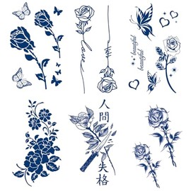 Semi-permanent Rose Temporary Tattoos, 6-Sheet 2 Weeks Long Last Waterproof Folwer Tattoos, Plant-Based Ink Sticker for Adult Children