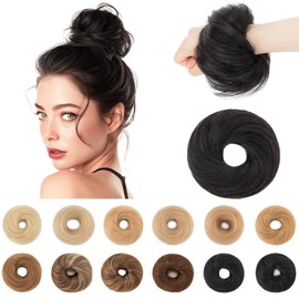 SEGO Larger Human Hair Bun, Real Hair Messy Bun Hairpieces Scrunchies Natural Smoothed Tousled Updo Donut Chignon Ponytail Extensions for Women Girls-S-#01B Natural Black