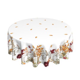 Fall Round Tablecloths 70 Inches White Orange Pumpkin Leaves Decorative Table Cloth Autumn Thanksgiving Decoration Pumpkin Reusable Washable Table Cover for Home Kitchen,Party,Dining Room,Patio