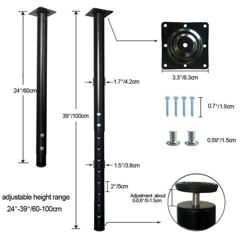 QLLY Adjustable Metal Table Leg, 24-40 inch, 60-100cm, Home Office