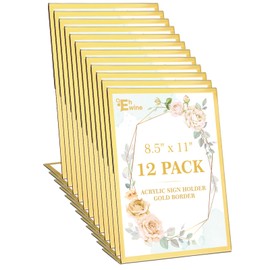 EHWINE 12 Pack Acrylic Sign Holder 8.5 x 11, Gold Picture Frame Stand up Table Top Sign Holders, Slanted Back Paper Holder Clear Display Stand Menu Flyer Holder for Wedding Party