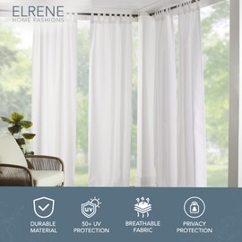 Elrene Home Fashions Matine Weatherproof Tab-Top Indoor/Outdoor Solid Color Curtain Panel for Porch, Pergola, Patio, Deck, 52”W x 108”L, White