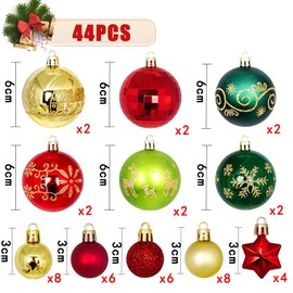 44 Pieces Christmas Tree Decorations, Red, ASSUGO Green Christmas Baubles, Plastic Christmas Tree Decorations, Mini Plastic, Shatterproof, Small Balls for Christmas Tree Decoration (Red & Gold &