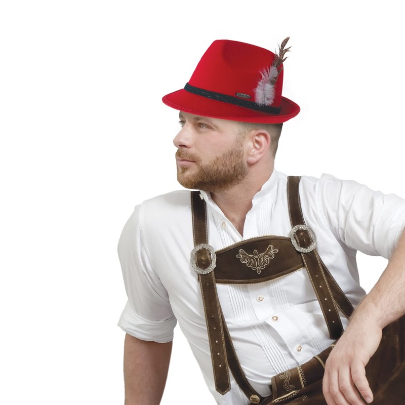 Traditional German Bavarian Red Felt Fedora for Men and Hat