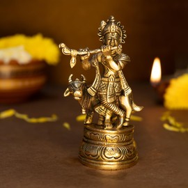 Ekhasa Brass Lord Krishna Idol with Flute | Shri Krishna Murti Gift | Shree Lord Krishna Statue for Home Decor | Kanha Ji ki Murti for Office Desk | Sri Krishna Idols Gift for House Warming Ceremony