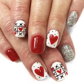 Red Love Heart Press on Nails Short Square Fake Acrylic Nails with Silver Glitter Glue on Nails Romantic Glossy Stick on Nails for Women