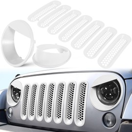 Front Grille Mesh Inserts & Headlight Cover for Jeep Wrangler JK JKU Sport Freedom Rubicon Sahara Unlimited 2007-2018 Exterior Accessories Clip-in Grille Guard Headlight Bezels Trim (Matte White)