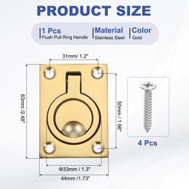 PATIKIL 2-1/2"-1-3/4" Flush Pull Ring Handles, 316 Stainless Steel Square Recessed Door Pull Hidden Boat Hatch Latch with Screws for Marine Yacht Furniture, Gold