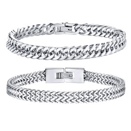 Men's Bracelet Stainless Steel Bracelets Curb Chain – 2 Pieces Silver Black Gold Men's Bracelets for Men Boys Cuban Bracelet 8 mm Width 19 cm / 21 cm Length Gifts for Dad Son Brother Husband, Metal,