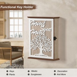 QILICZ Wooden Key Cabinet with Tree of Life Key Cabinet 6 Key Hooks Key Rack Wall Organiser L for Entrance, Hallway, Office Key Holder, White