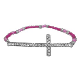 Dainty Sideways Cross Beaded Rhinestone Small Fit Stretch Bracelet (Pink Silver Tone)