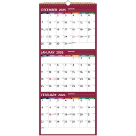 2026 Wall Calendar - 3 Month Calendar 2026 Vertical, Jan 2026 - Dec 2026, 3 Month Wall Calendar 2026, 11 x 26 In Open, 2026 Calendar with Large Print, Holidays, Thick Paper, Priorities ＆ Notes, Red